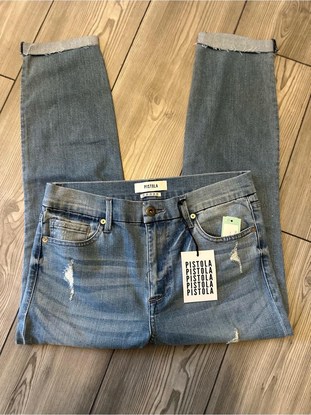 NWT PISTOLA Size 29 Distressed Cropped Ankle Jeans Light Wash Premium Denim